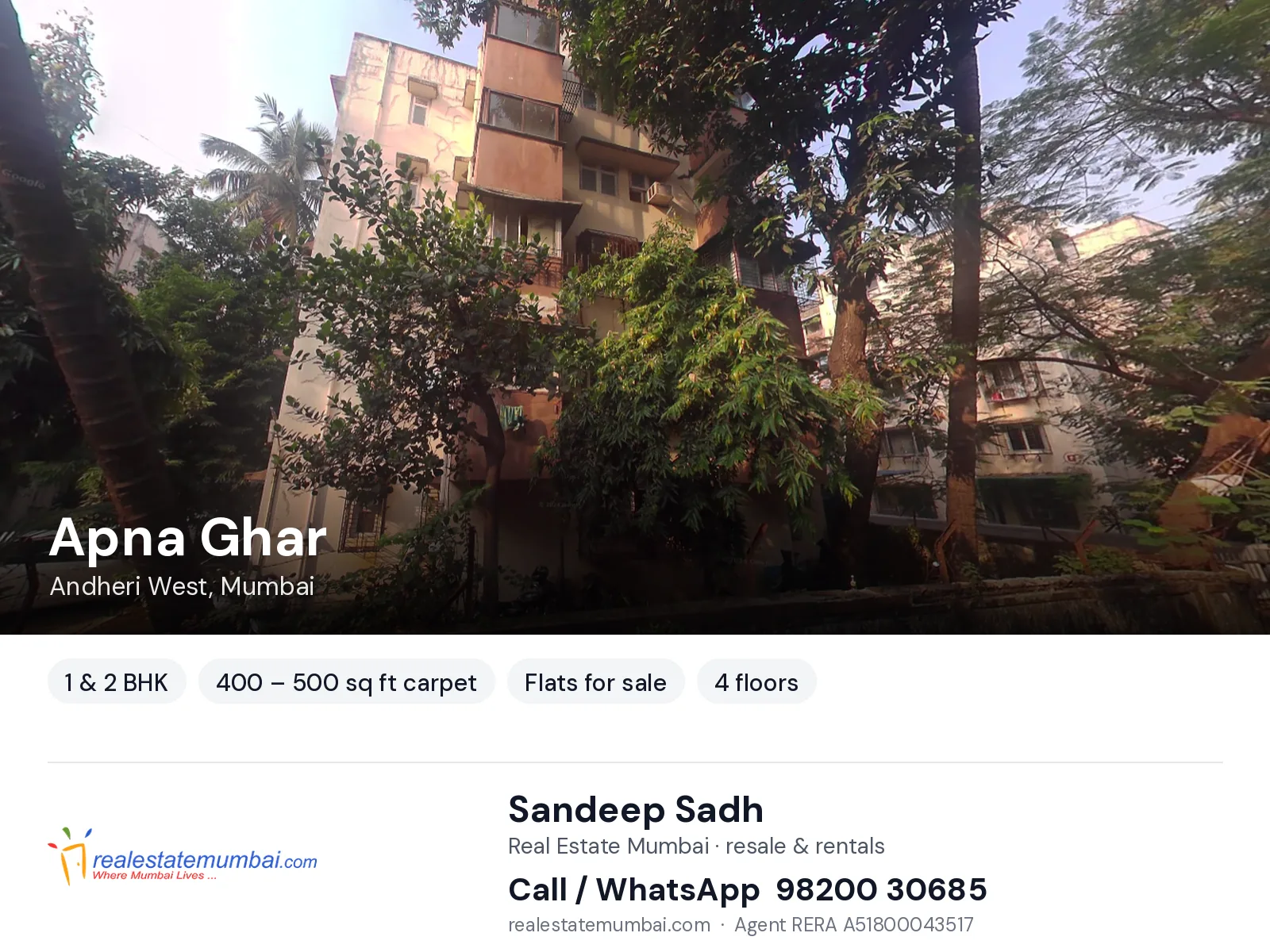 Apna Ghar, Andheri West, Mumbai — 1 & 2 BHK flats for sale | Real Estate Mumbai, Sandeep Sadh 98200 30685