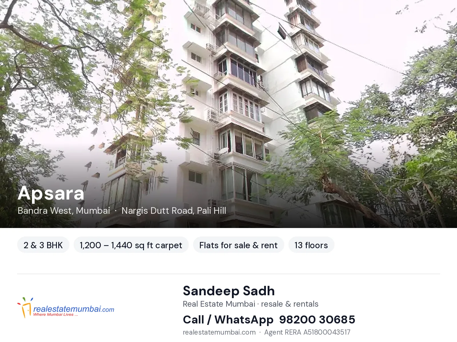 Apsara, Bandra West, Mumbai — 2 & 3 BHK flats for sale & rent | Real Estate Mumbai, Sandeep Sadh 98200 30685