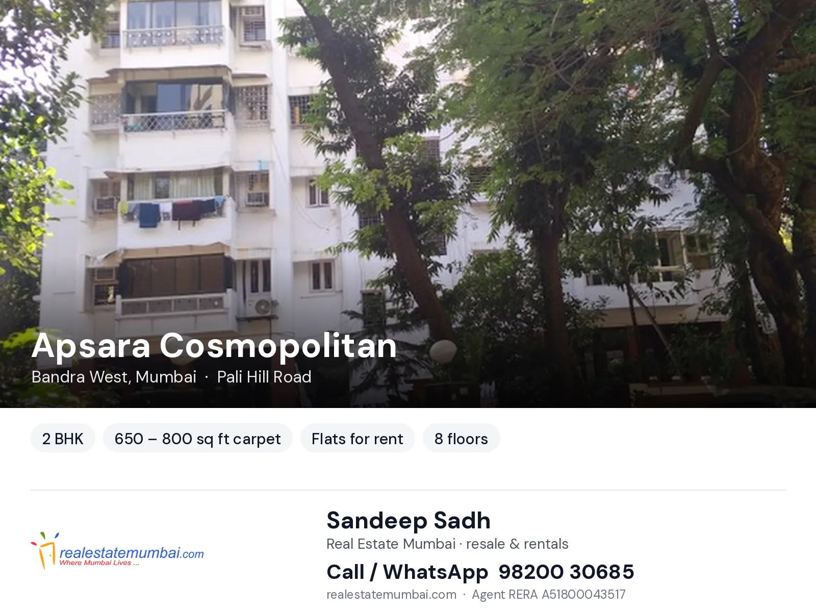 Apsara Cosmopolitan, Bandra West, Mumbai — 2 BHK flats for rent | Real Estate Mumbai, Sandeep Sadh 98200 30685