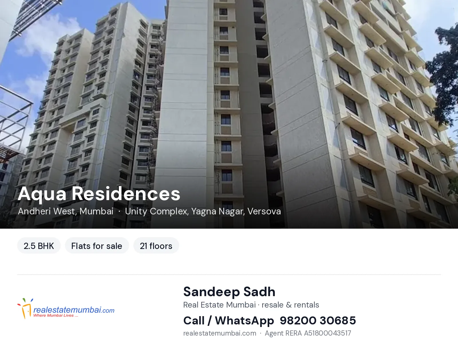 Aqua Residences, Andheri West, Mumbai — 2.5 BHK flats for sale | Real Estate Mumbai, Sandeep Sadh 98200 30685