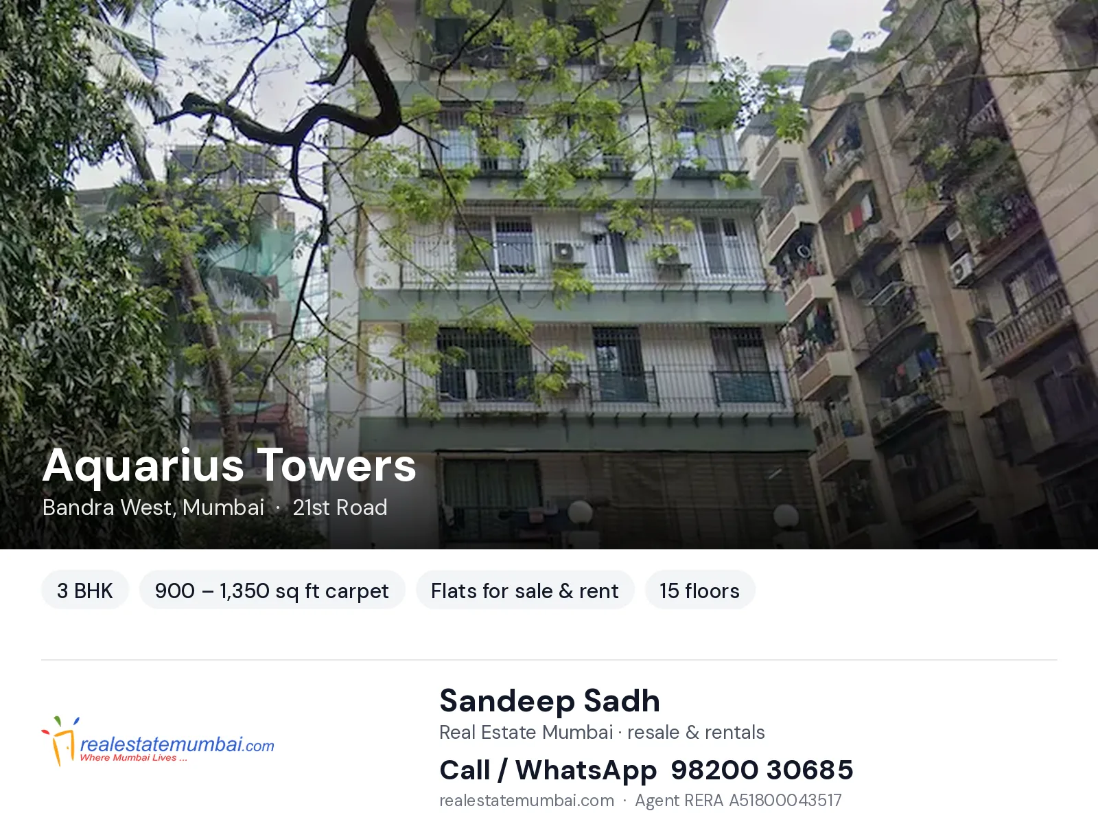 Aquarius Towers, Bandra West, Mumbai — 3 BHK flats for sale & rent | Real Estate Mumbai, Sandeep Sadh 98200 30685