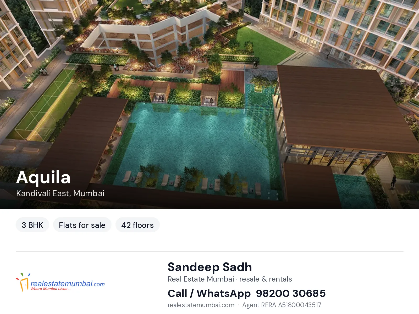 Aquila, Kandivali East, Mumbai — 3 BHK flats for sale | Real Estate Mumbai, Sandeep Sadh 98200 30685