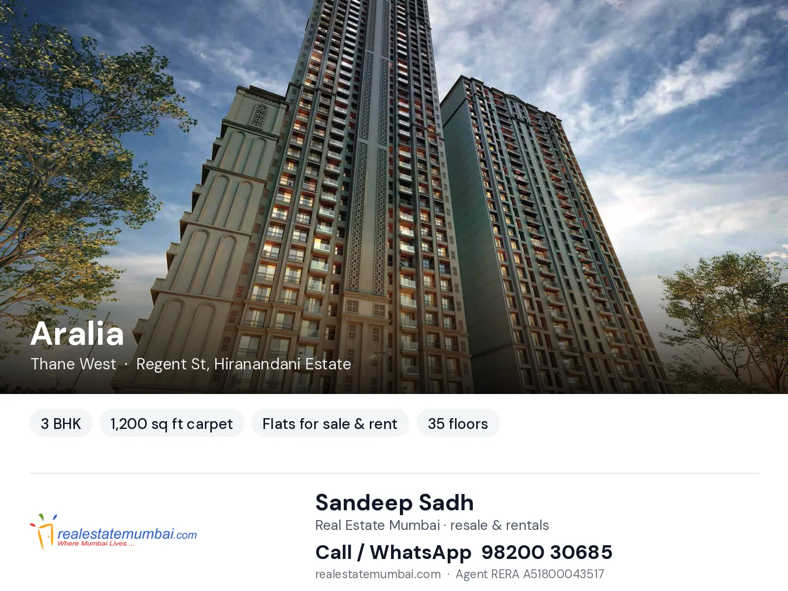 Aralia, Thane West — 3 BHK flats for sale & rent | Real Estate Mumbai, Sandeep Sadh 98200 30685