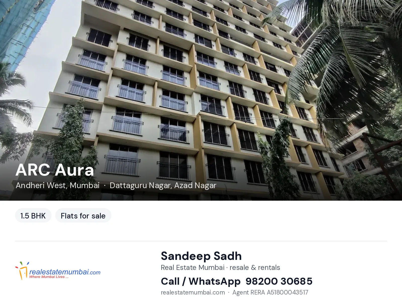 ARC Aura, Andheri West, Mumbai — 1.5 BHK flats for sale | Real Estate Mumbai, Sandeep Sadh 98200 30685