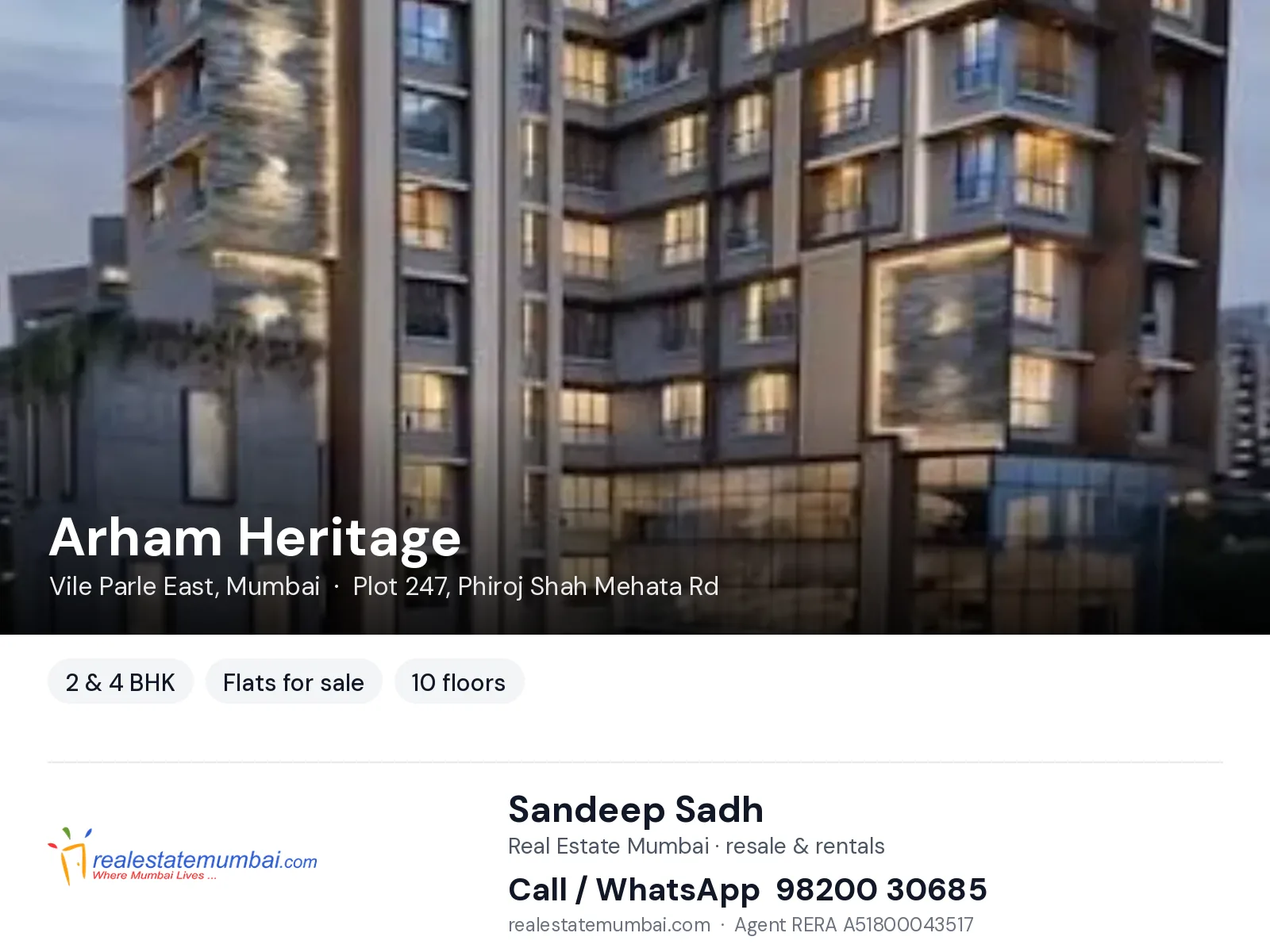 Arham Heritage, Vile Parle East, Mumbai — 2 & 4 BHK flats for sale | Real Estate Mumbai, Sandeep Sadh 98200 30685