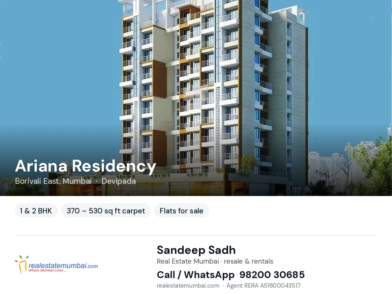 Ariana Residency, Borivali East, Mumbai — 1 & 2 BHK flats for sale | Real Estate Mumbai, Sandeep Sadh 98200 30685