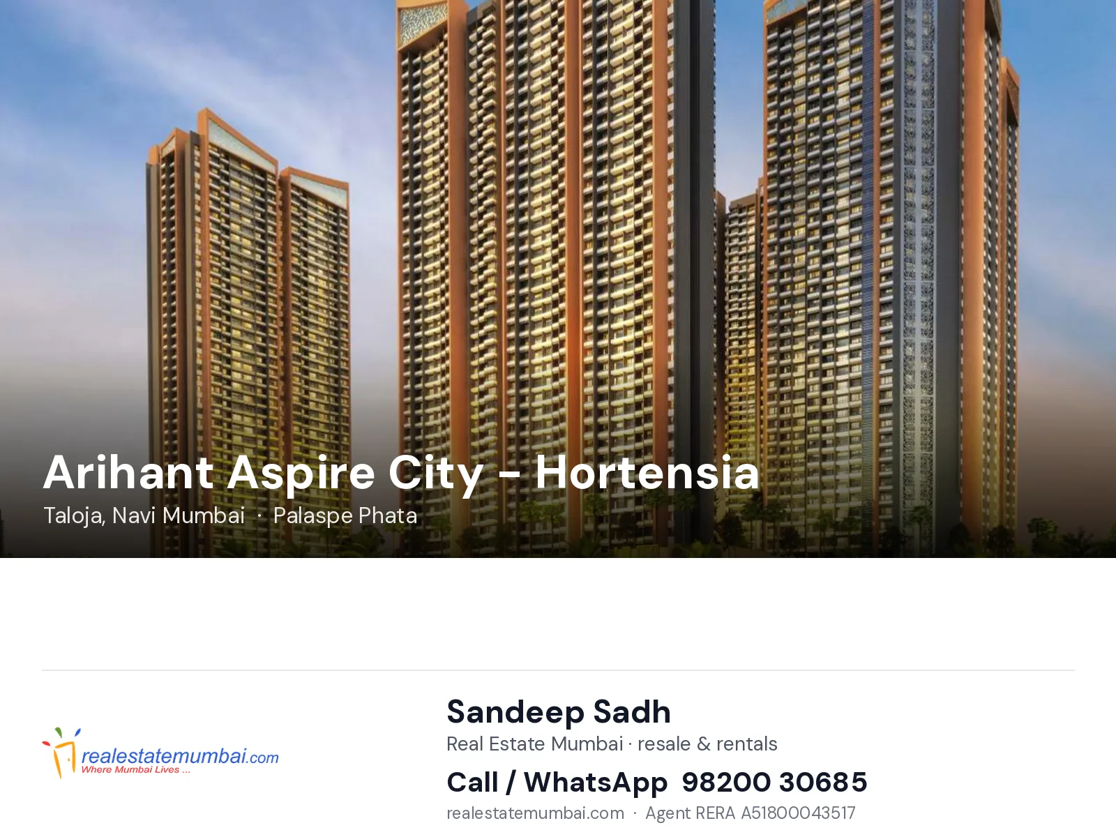 Arihant Aspire City - Hortensia, Taloja, Navi Mumbai — flats | Real Estate Mumbai, Sandeep Sadh 98200 30685