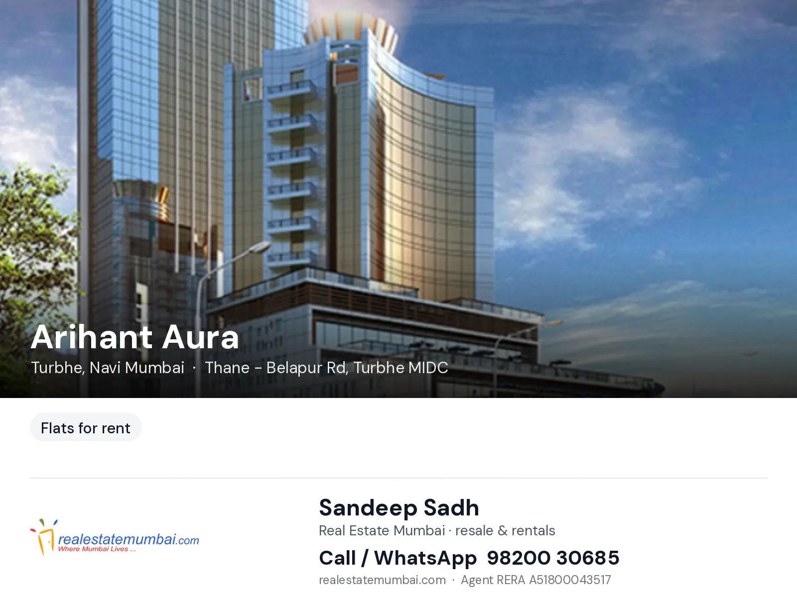 Arihant Aura, Turbhe, Navi Mumbai — flats for rent | Real Estate Mumbai, Sandeep Sadh 98200 30685