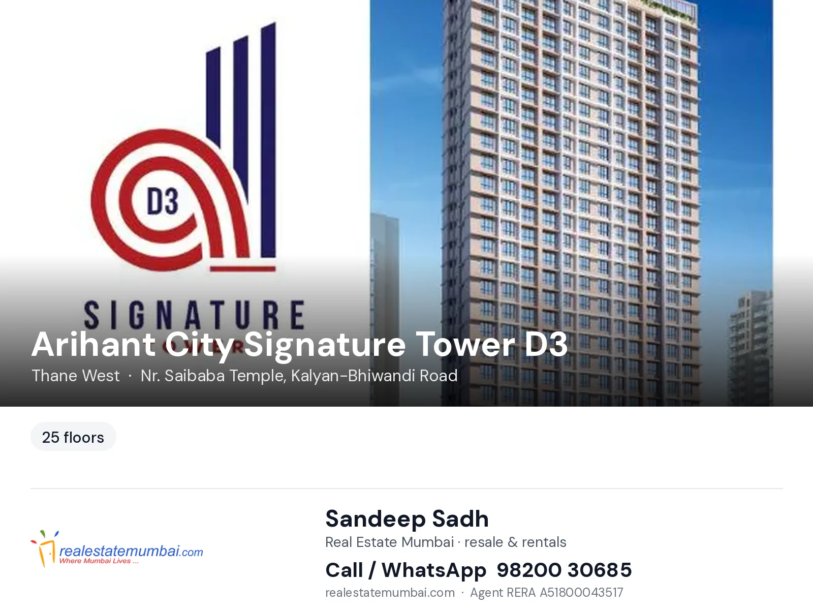 Arihant City Signature Tower D3, Thane West — flats | Real Estate Mumbai, Sandeep Sadh 98200 30685