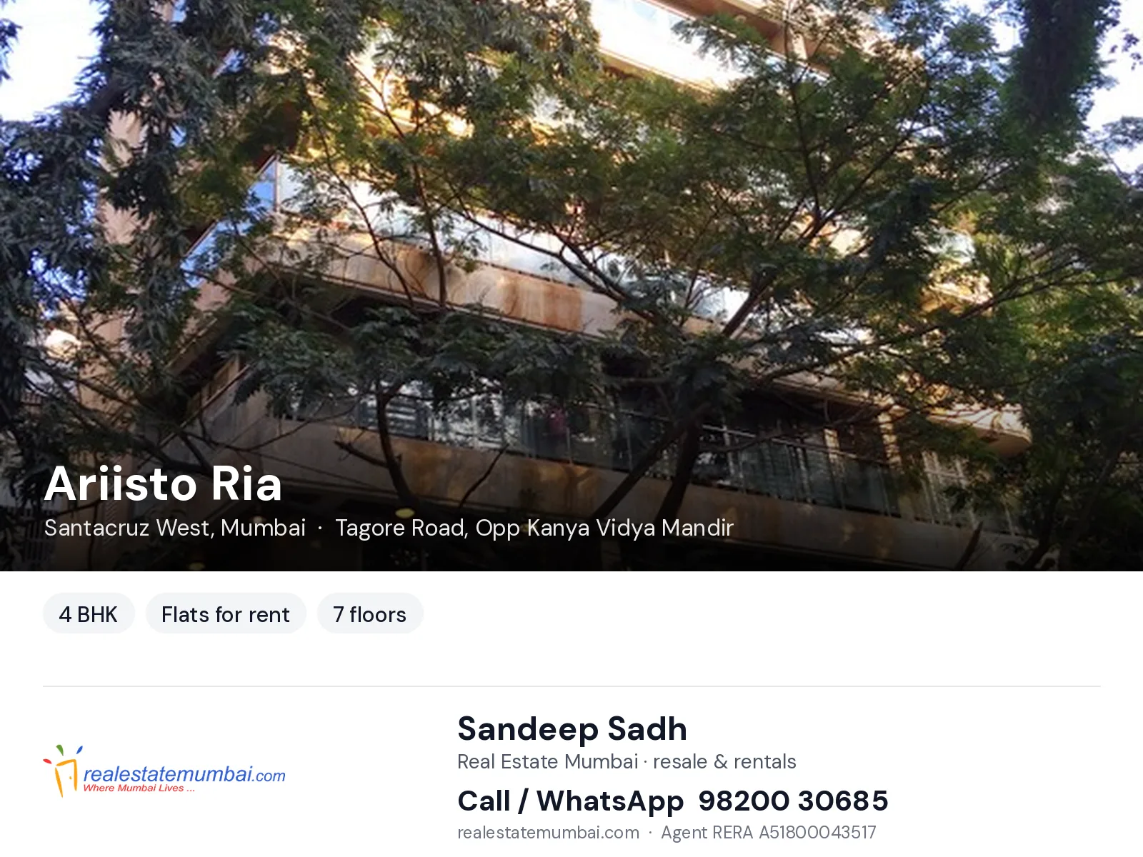 Ariisto Ria, Santacruz West, Mumbai — 4 BHK flats for rent | Real Estate Mumbai, Sandeep Sadh 98200 30685