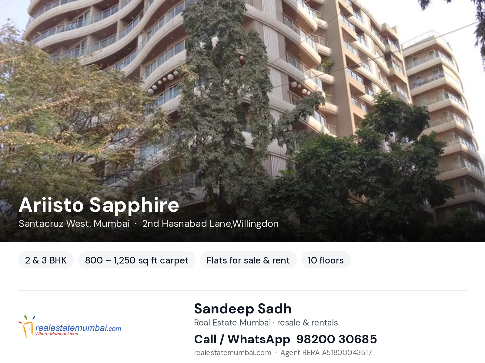 Ariisto Sapphire, Santacruz West, Mumbai — 2 & 3 BHK flats for sale & rent | Real Estate Mumbai, Sandeep Sadh 98200 30685