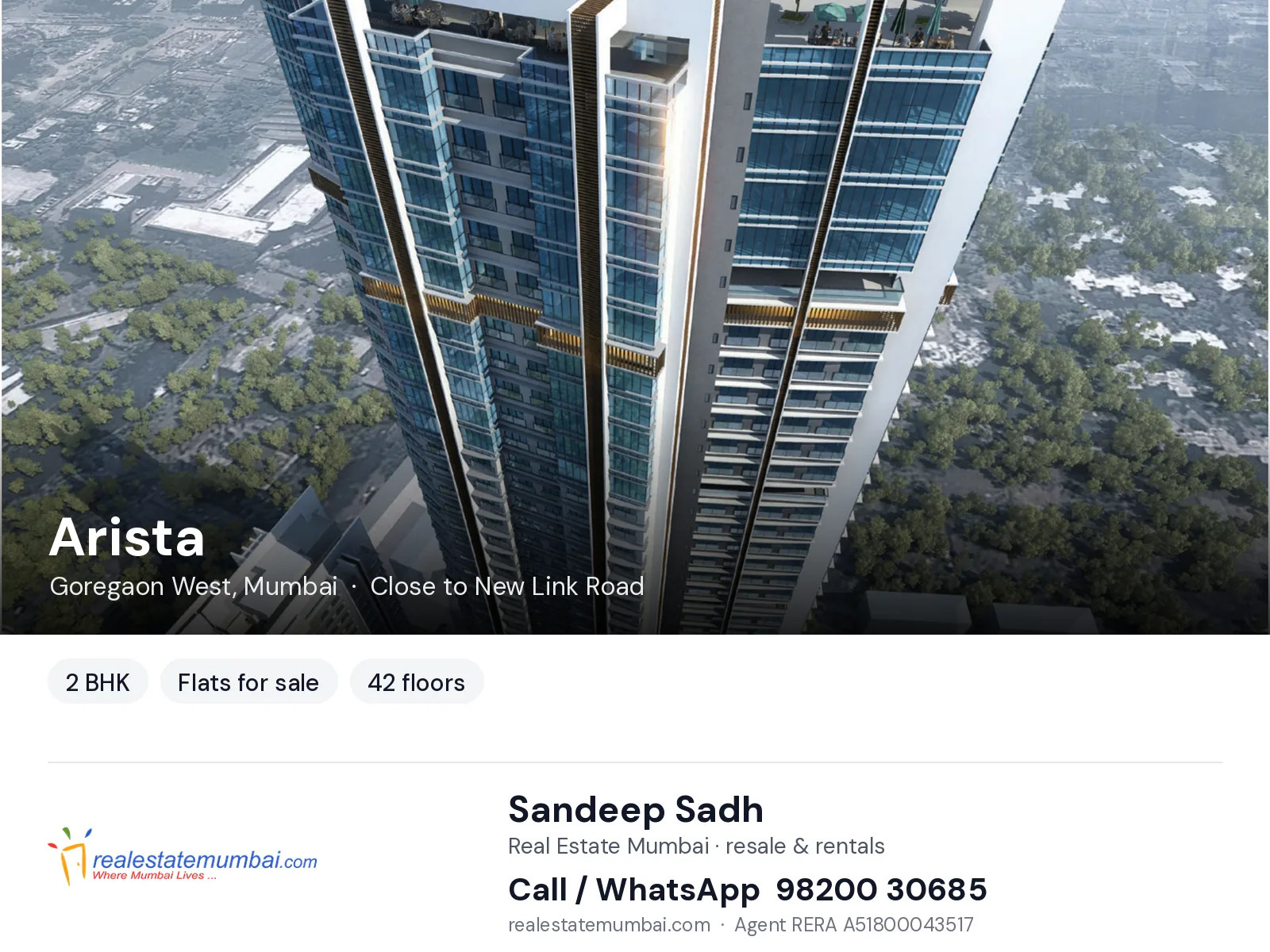 Arista, Goregaon West, Mumbai — 2 BHK flats for sale | Real Estate Mumbai, Sandeep Sadh 98200 30685