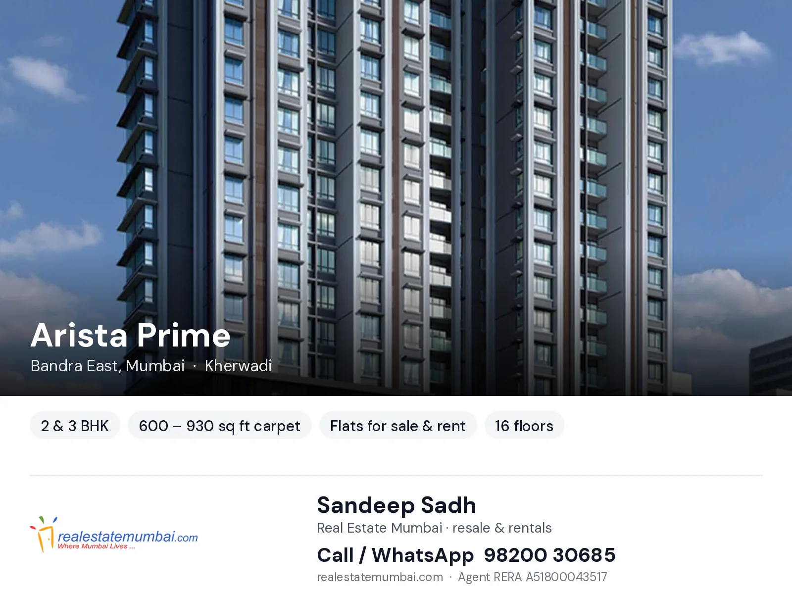 Arista Prime, Bandra East, Mumbai — 2 & 3 BHK flats for sale & rent | Real Estate Mumbai, Sandeep Sadh 98200 30685
