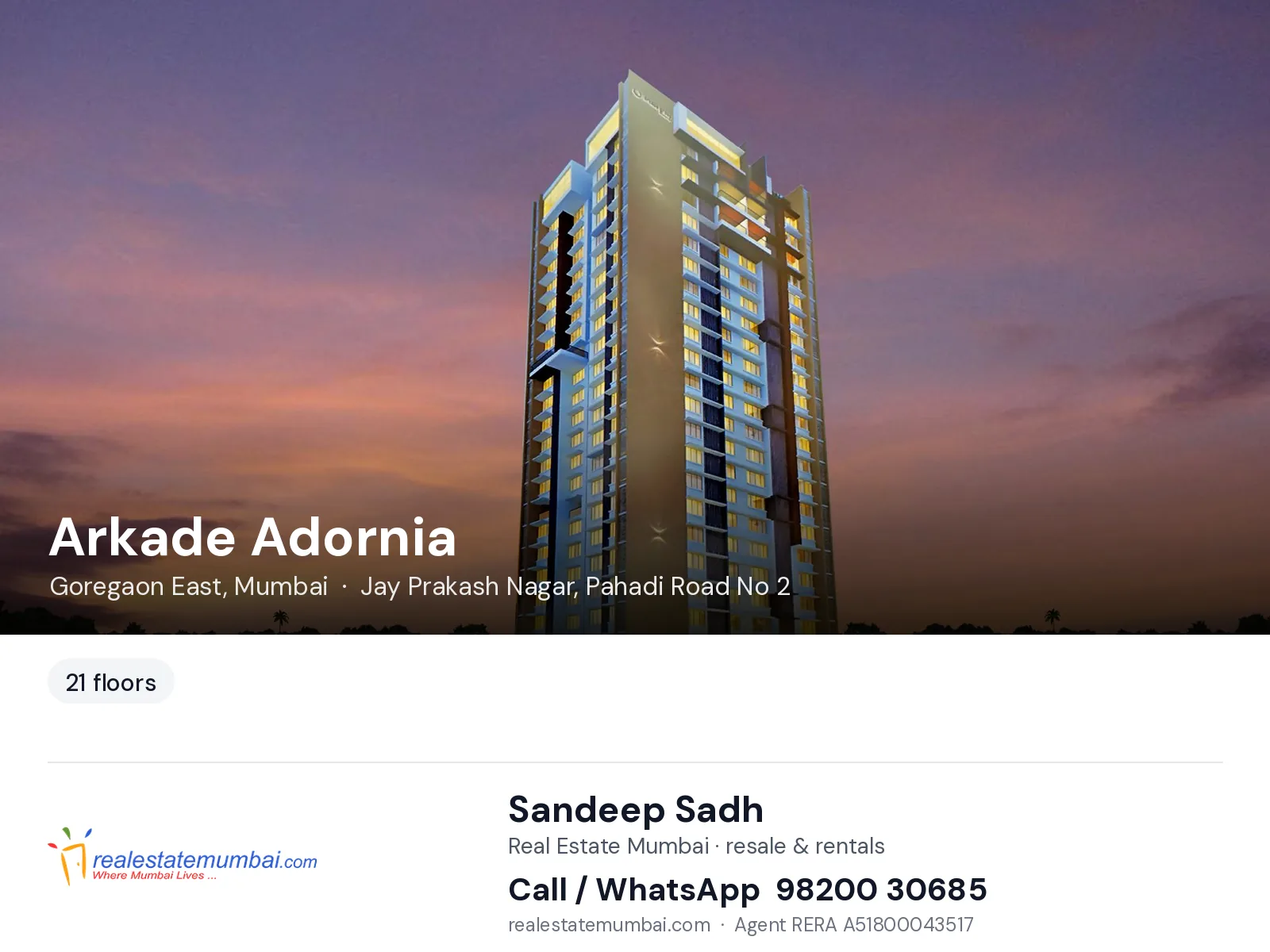 Arkade Adornia, Goregaon East, Mumbai — flats | Real Estate Mumbai, Sandeep Sadh 98200 30685