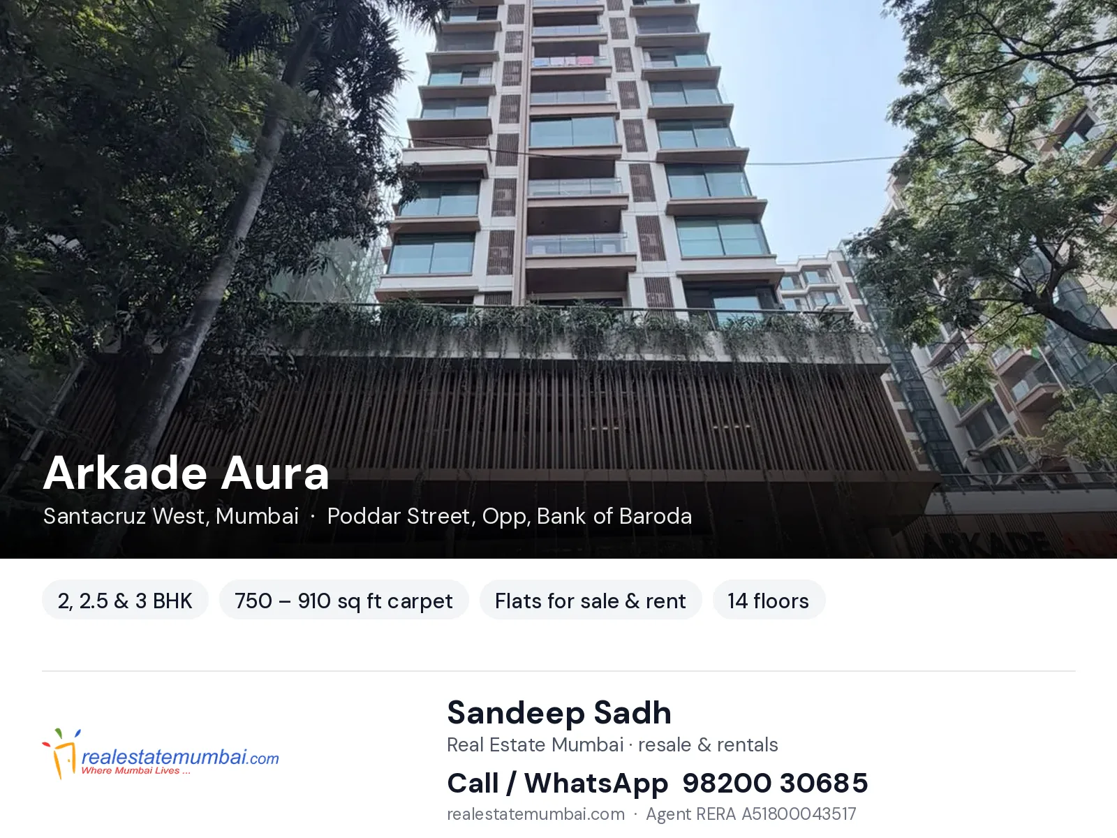 Arkade Aura, Santacruz West, Mumbai — 2, 2.5 & 3 BHK flats for sale & rent | Real Estate Mumbai, Sandeep Sadh 98200 30685