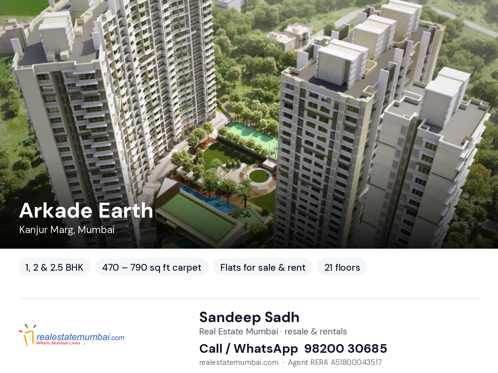 Arkade Earth, Kanjur Marg, Mumbai — 1, 2 & 2.5 BHK flats for sale & rent | Real Estate Mumbai, Sandeep Sadh 98200 30685