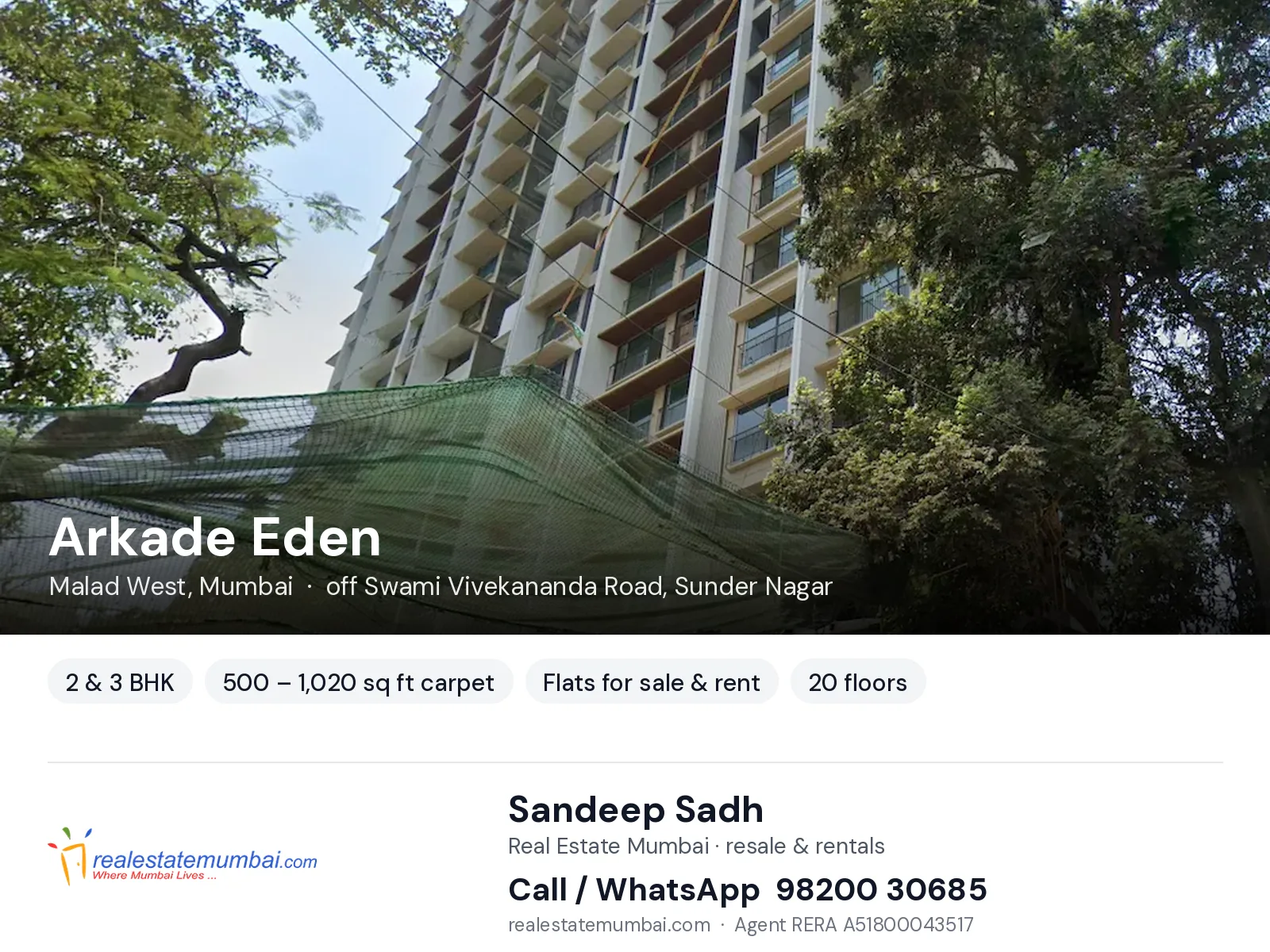 Arkade Eden, Malad West, Mumbai — 2 & 3 BHK flats for sale & rent | Real Estate Mumbai, Sandeep Sadh 98200 30685