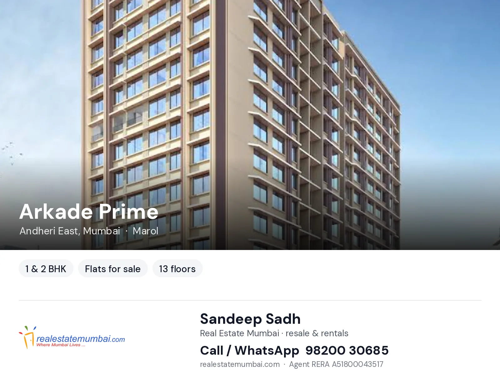 Arkade Prime, Andheri East, Mumbai — 1 & 2 BHK flats for sale | Real Estate Mumbai, Sandeep Sadh 98200 30685