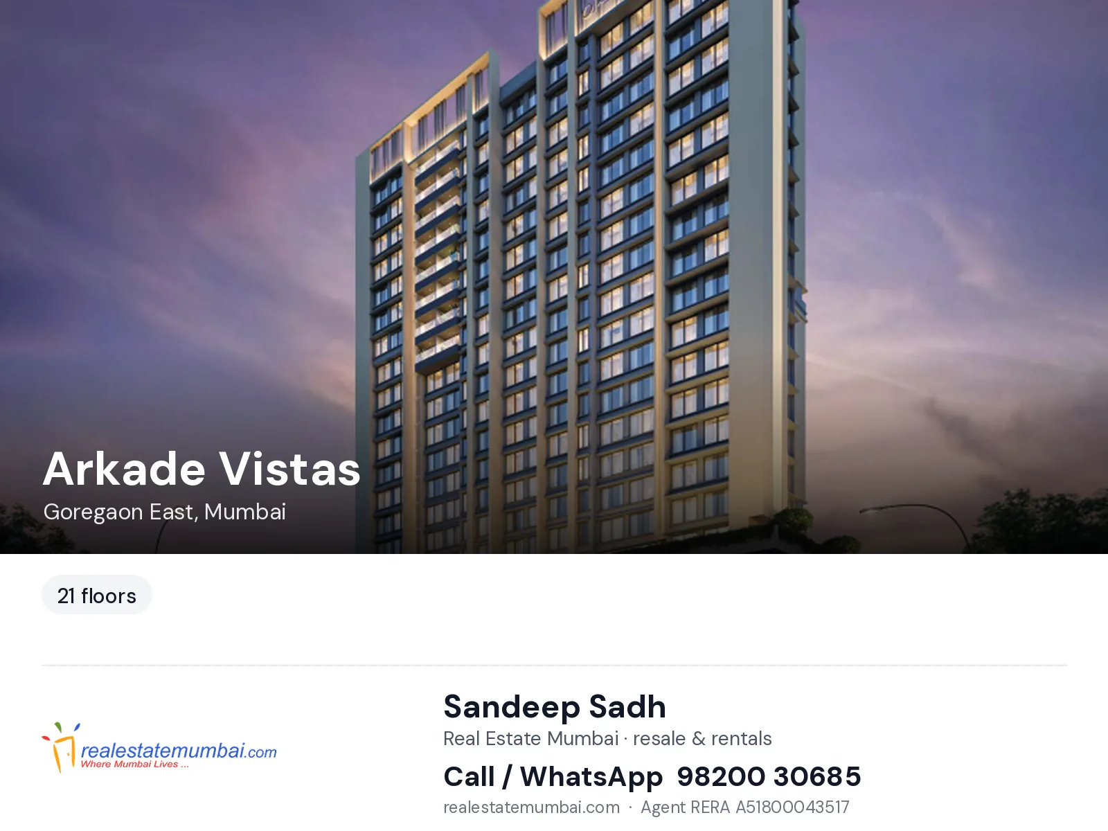 Arkade Vistas, Goregaon East, Mumbai — flats | Real Estate Mumbai, Sandeep Sadh 98200 30685