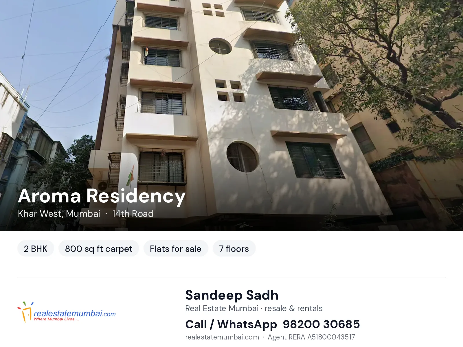 Aroma Residency, Khar West, Mumbai — 2 BHK flats for sale | Real Estate Mumbai, Sandeep Sadh 98200 30685