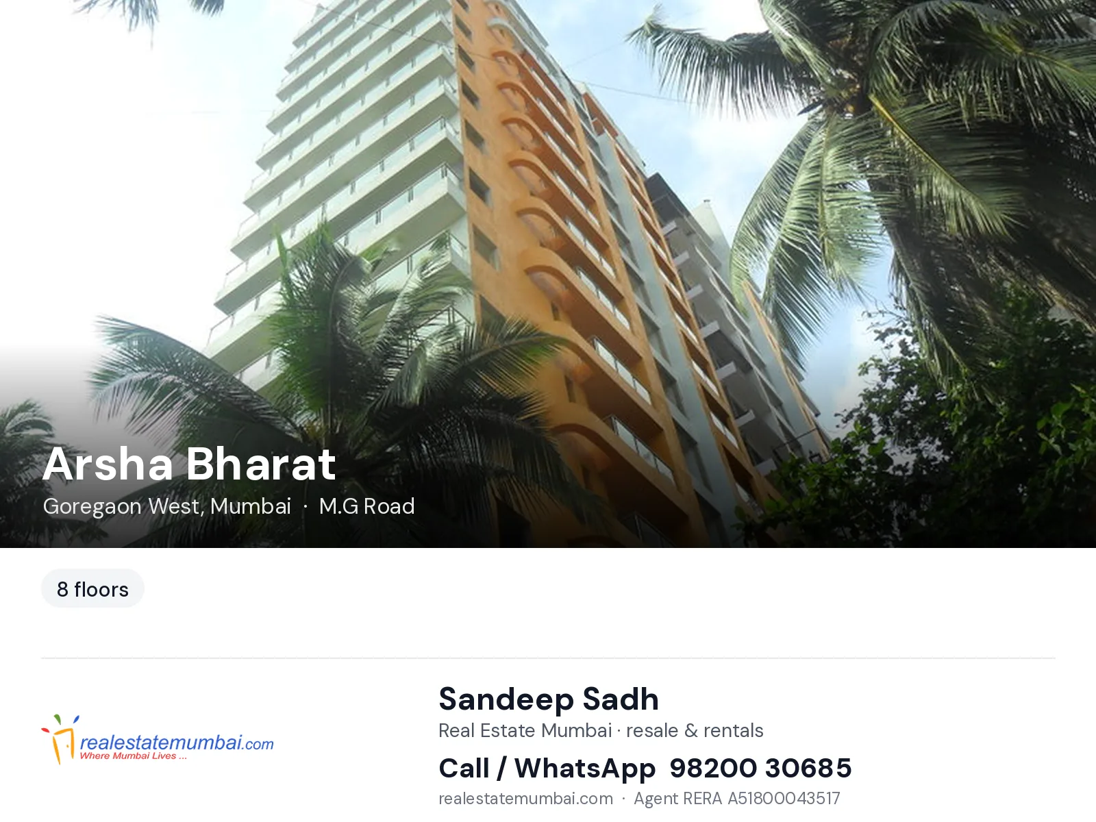 Arsha Bharat, Goregaon West, Mumbai — flats | Real Estate Mumbai, Sandeep Sadh 98200 30685