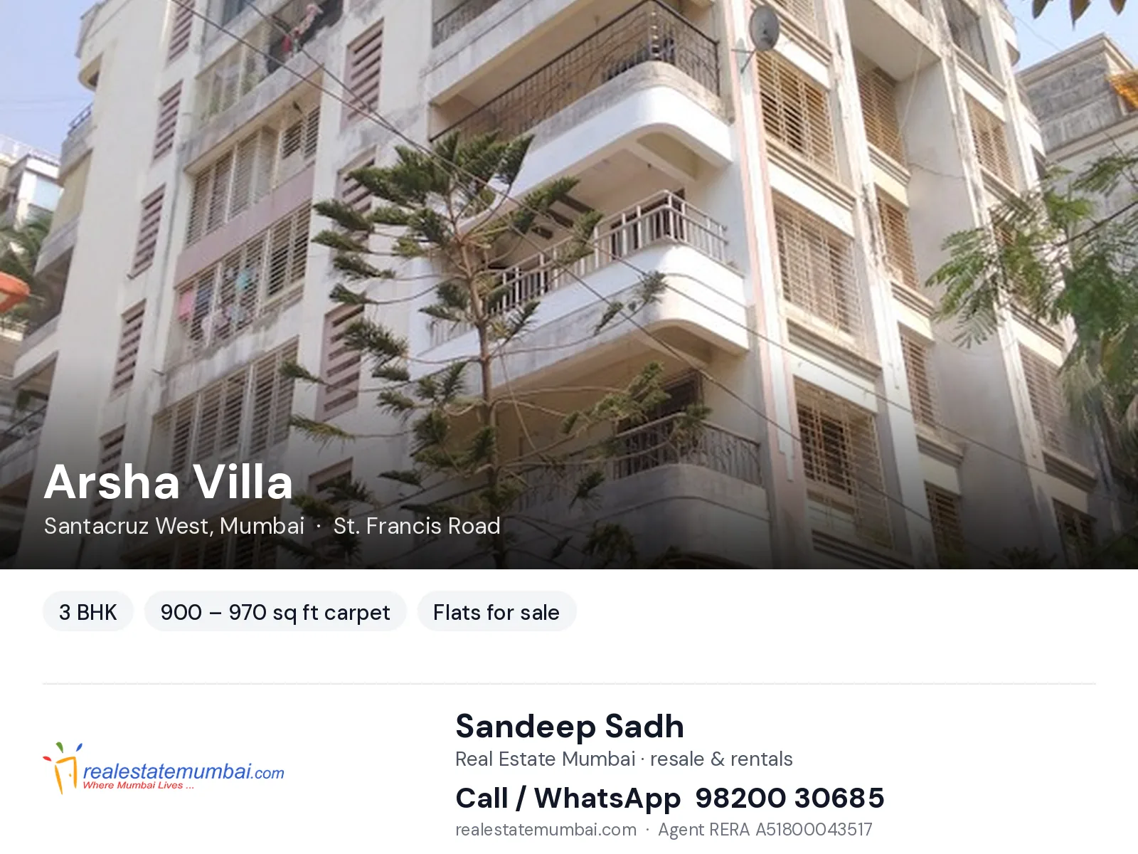 Arsha Villa, Santacruz West, Mumbai — 3 BHK flats for sale | Real Estate Mumbai, Sandeep Sadh 98200 30685