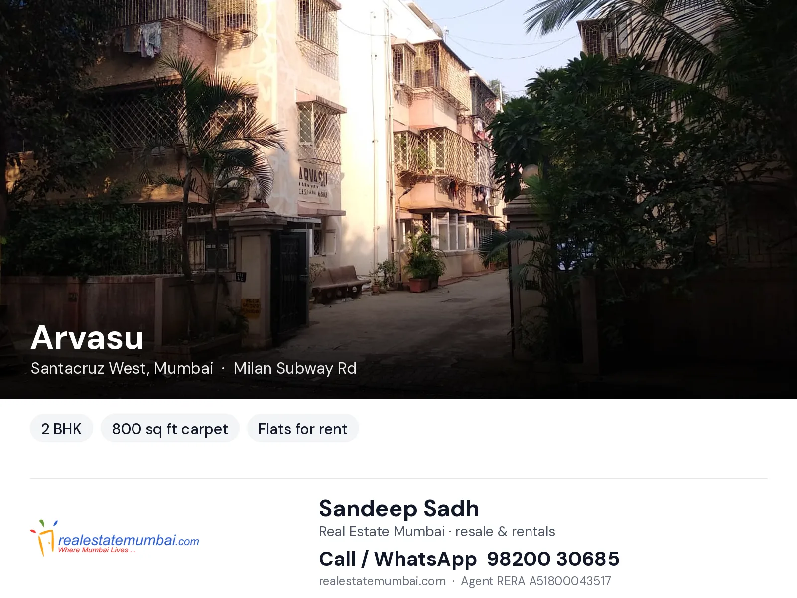 Arvasu, Santacruz West, Mumbai — 2 BHK flats for rent | Real Estate Mumbai, Sandeep Sadh 98200 30685