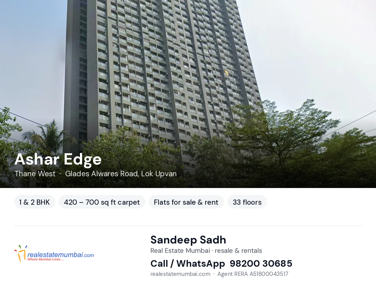 Ashar Edge, Thane West — 1 & 2 BHK flats for sale & rent | Real Estate Mumbai, Sandeep Sadh 98200 30685
