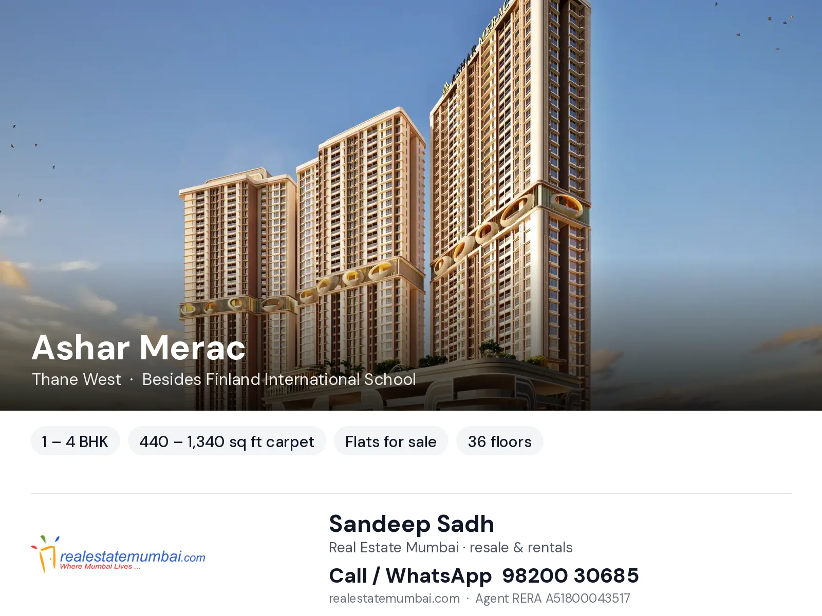 Ashar Merac, Thane West — 1 – 4 BHK flats for sale | Real Estate Mumbai, Sandeep Sadh 98200 30685