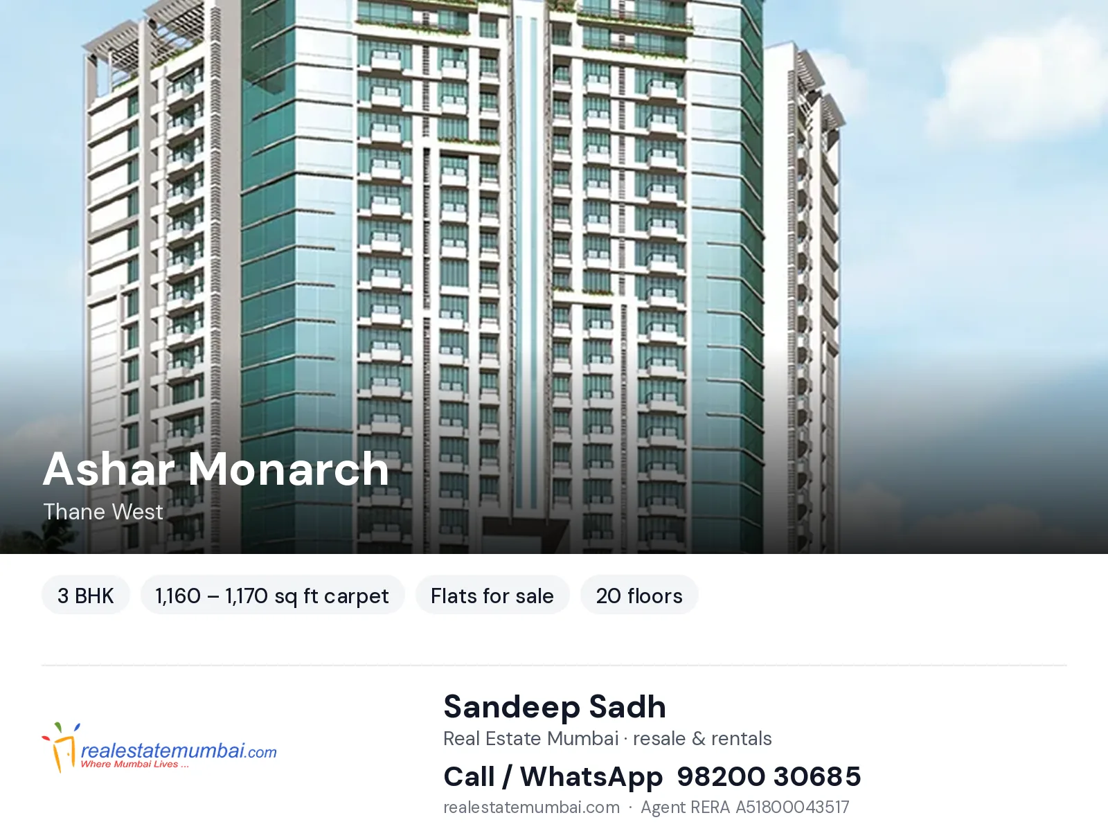 Ashar Monarch, Thane West — 3 BHK flats for sale | Real Estate Mumbai, Sandeep Sadh 98200 30685