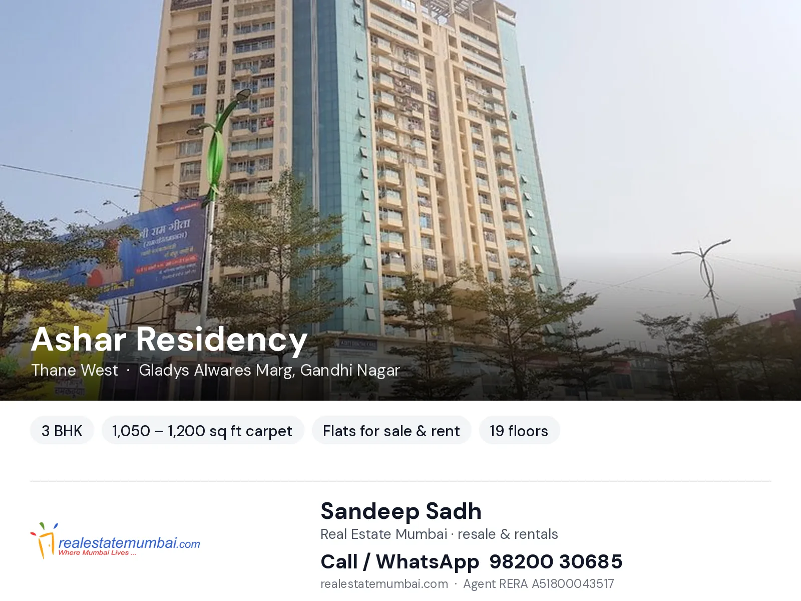 Ashar Residency, Thane West — 3 BHK flats for sale & rent | Real Estate Mumbai, Sandeep Sadh 98200 30685