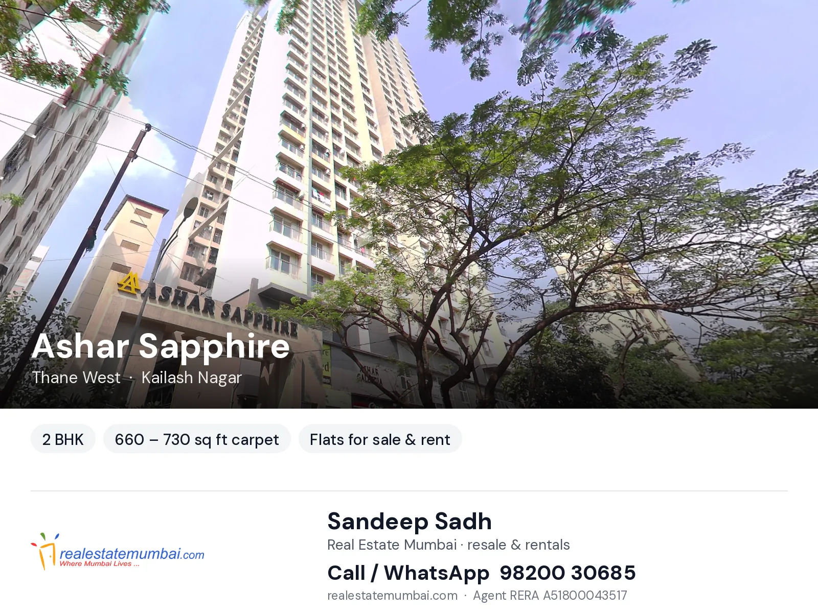 Ashar Sapphire, Thane West — 2 BHK flats for sale & rent | Real Estate Mumbai, Sandeep Sadh 98200 30685