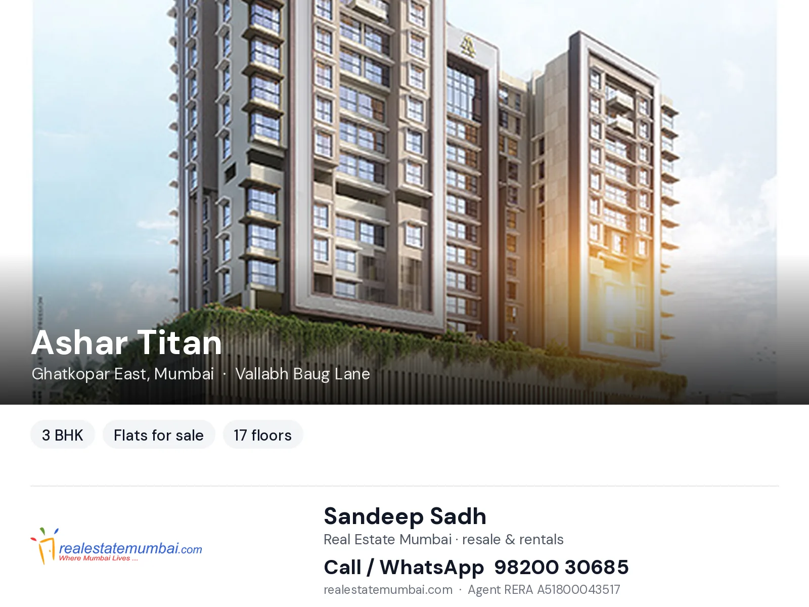 Ashar Titan, Ghatkopar East, Mumbai — 3 BHK flats for sale | Real Estate Mumbai, Sandeep Sadh 98200 30685