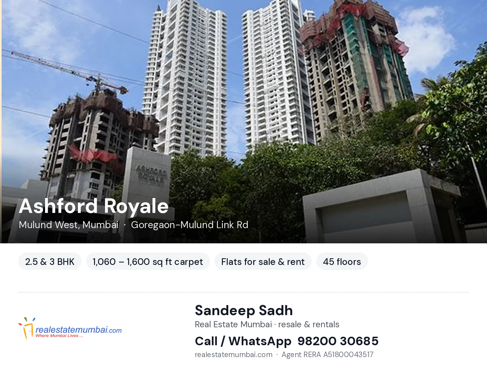 Ashford Royale, Mulund West, Mumbai — 2.5 & 3 BHK flats for sale & rent | Real Estate Mumbai, Sandeep Sadh 98200 30685