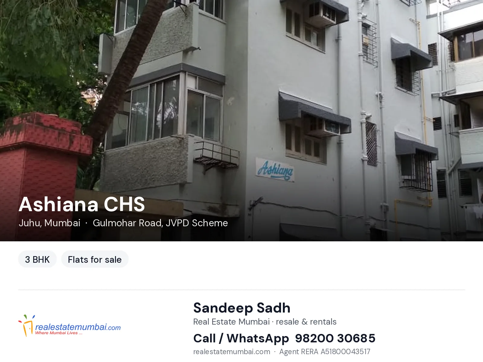 Ashiana CHS, Juhu, Mumbai — 3 BHK flats for sale | Real Estate Mumbai, Sandeep Sadh 98200 30685