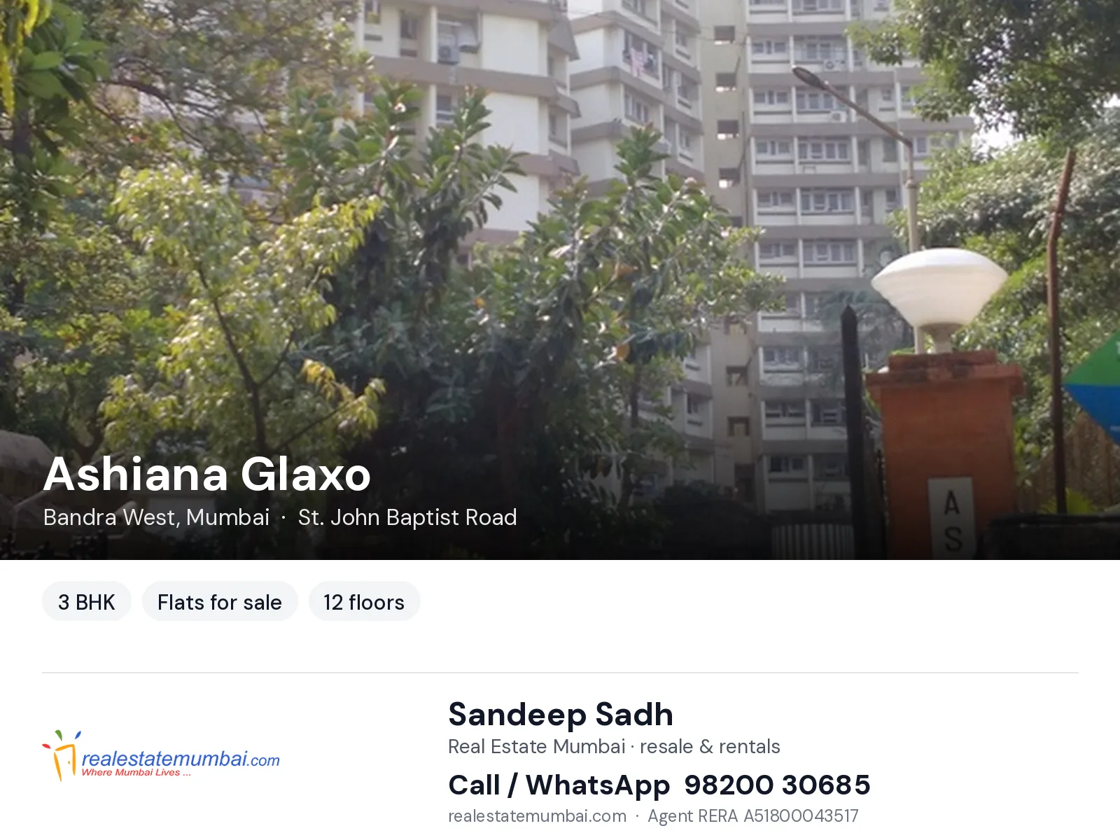 Ashiana Glaxo, Bandra West, Mumbai — 3 BHK flats for sale | Real Estate Mumbai, Sandeep Sadh 98200 30685