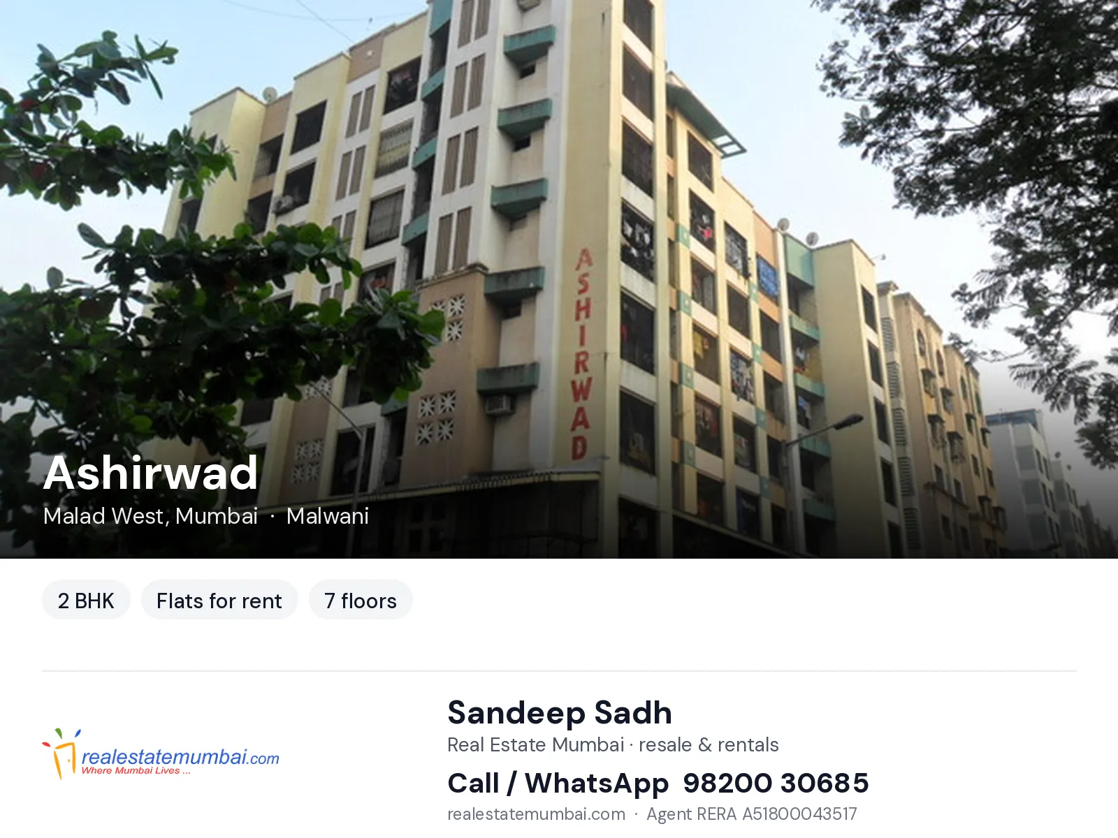 Ashirwad, Malad West, Mumbai — 2 BHK flats for rent | Real Estate Mumbai, Sandeep Sadh 98200 30685