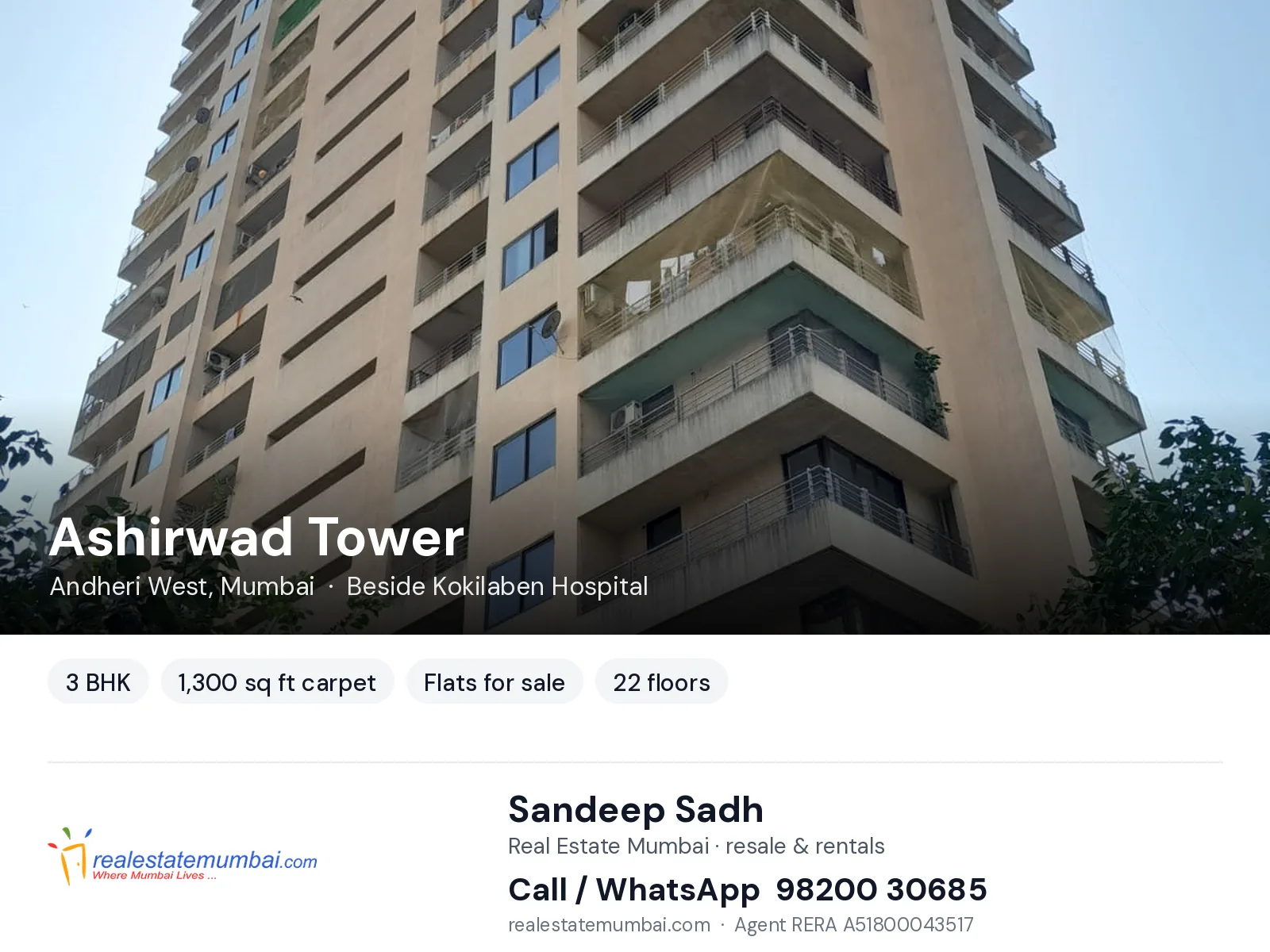 Ashirwad Tower, Andheri West, Mumbai — 3 BHK flats for sale | Real Estate Mumbai, Sandeep Sadh 98200 30685