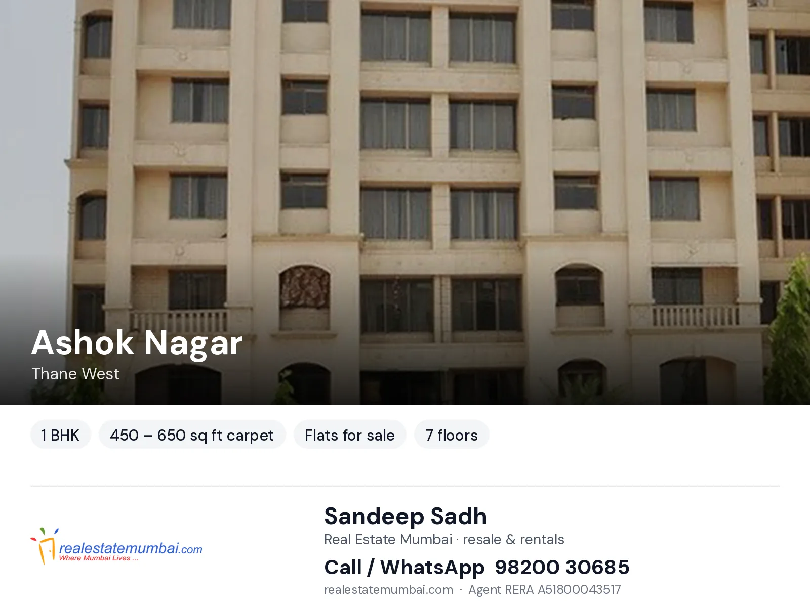 Ashok Nagar, Thane West — 1 BHK flats for sale | Real Estate Mumbai, Sandeep Sadh 98200 30685