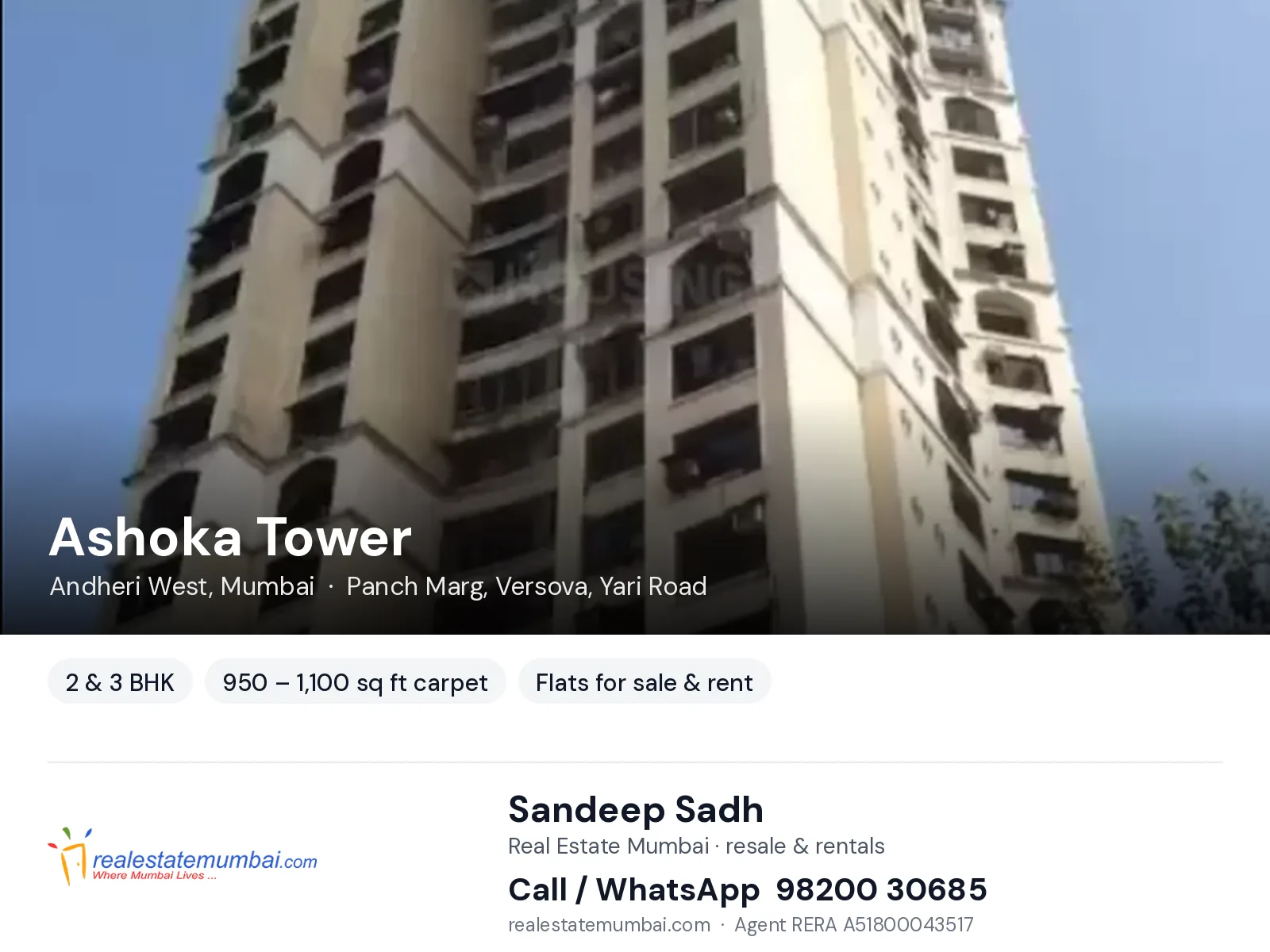 Ashoka Tower, Andheri West, Mumbai — 2 & 3 BHK flats for sale & rent | Real Estate Mumbai, Sandeep Sadh 98200 30685