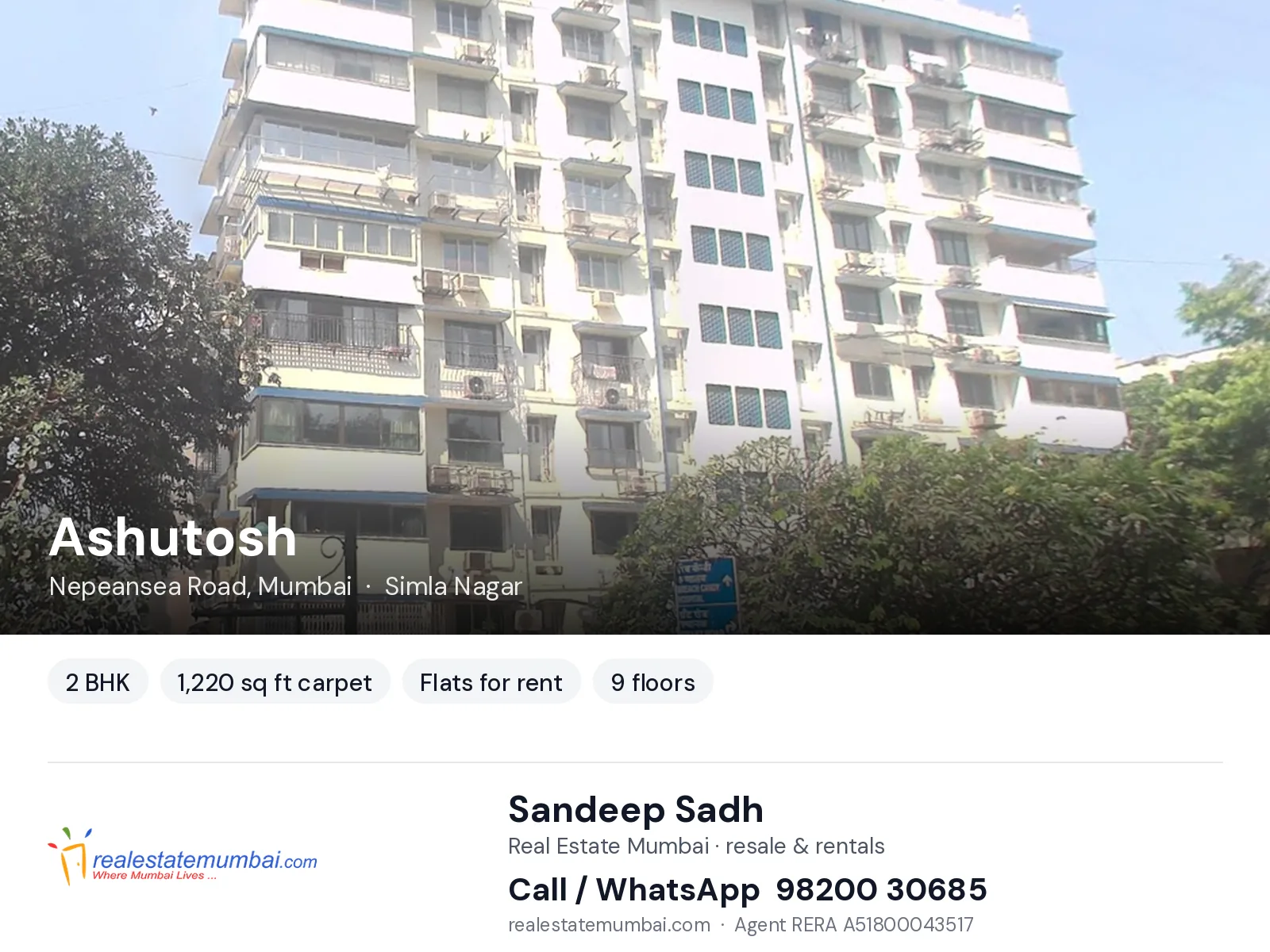 Ashutosh, Nepeansea Road, Mumbai — 2 BHK flats for rent | Real Estate Mumbai, Sandeep Sadh 98200 30685