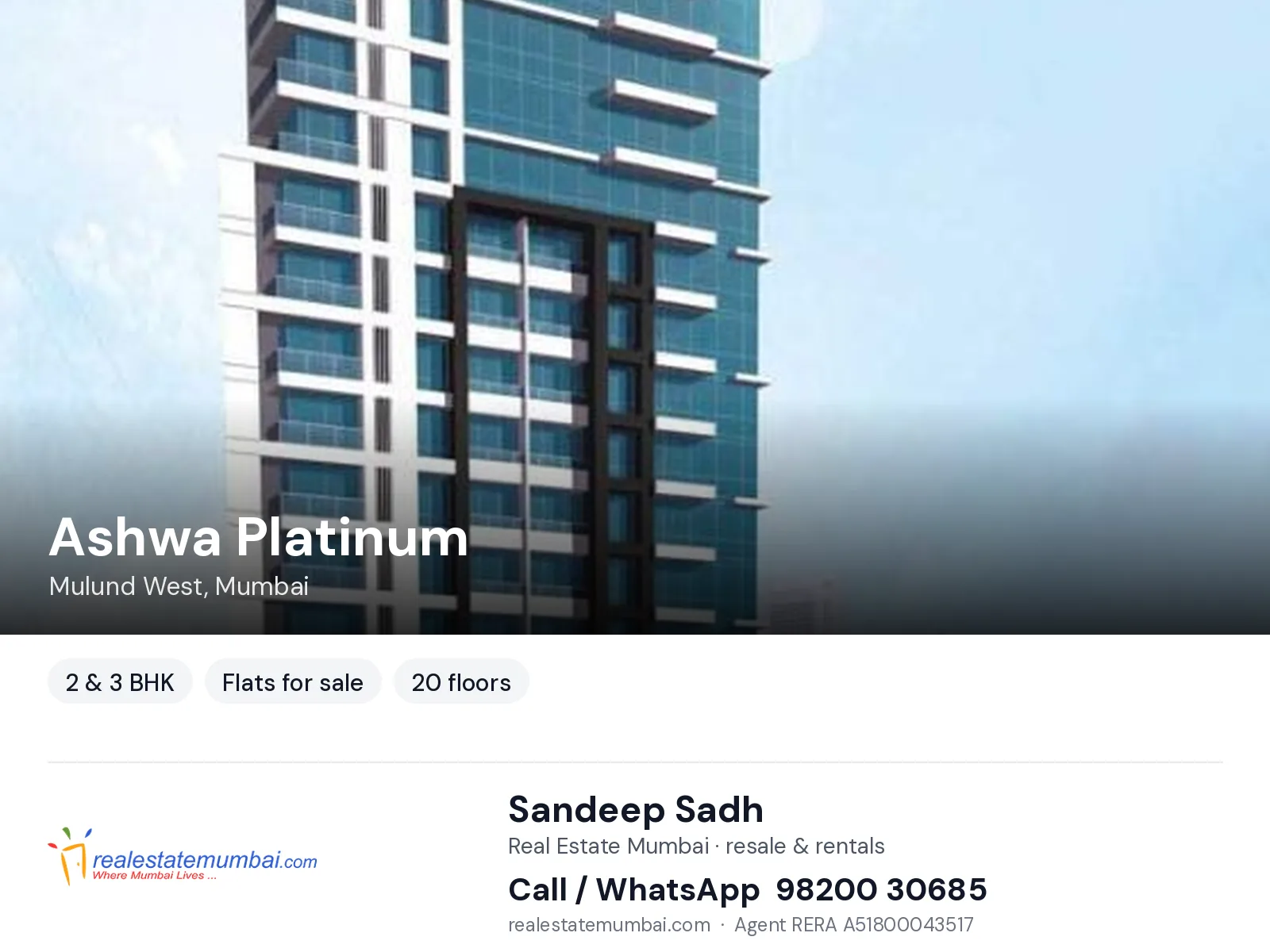 Ashwa Platinum, Mulund West, Mumbai — 2 & 3 BHK flats for sale | Real Estate Mumbai, Sandeep Sadh 98200 30685