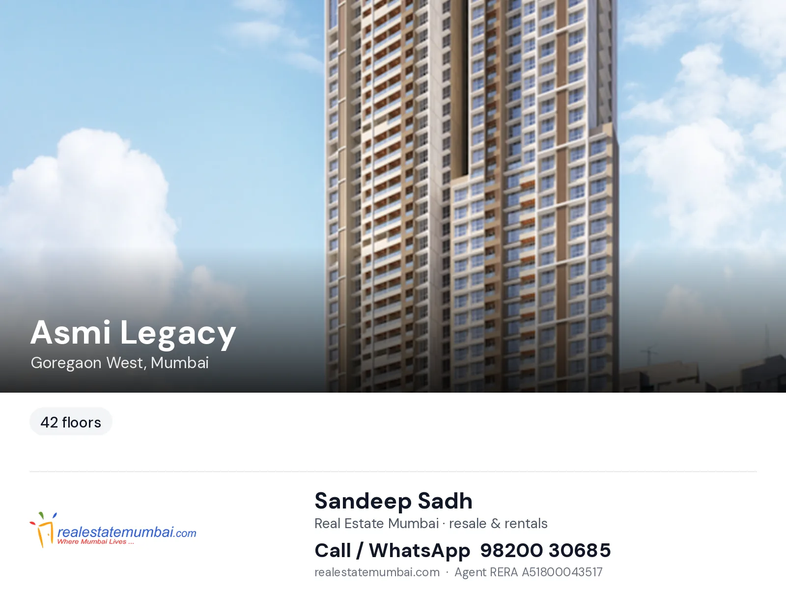 Asmi Legacy, Goregaon West, Mumbai — flats | Real Estate Mumbai, Sandeep Sadh 98200 30685