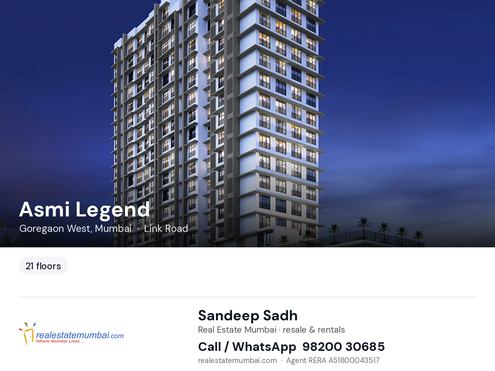 Asmi Legend, Goregaon West, Mumbai — flats | Real Estate Mumbai, Sandeep Sadh 98200 30685