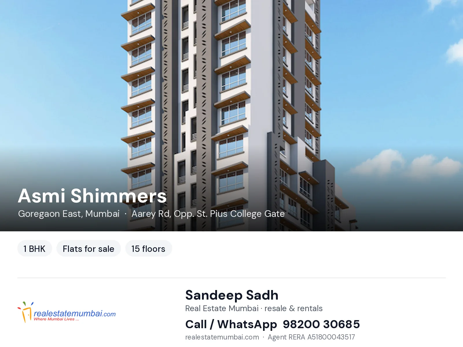 Asmi Shimmers, Goregaon East, Mumbai — 1 BHK flats for sale | Real Estate Mumbai, Sandeep Sadh 98200 30685