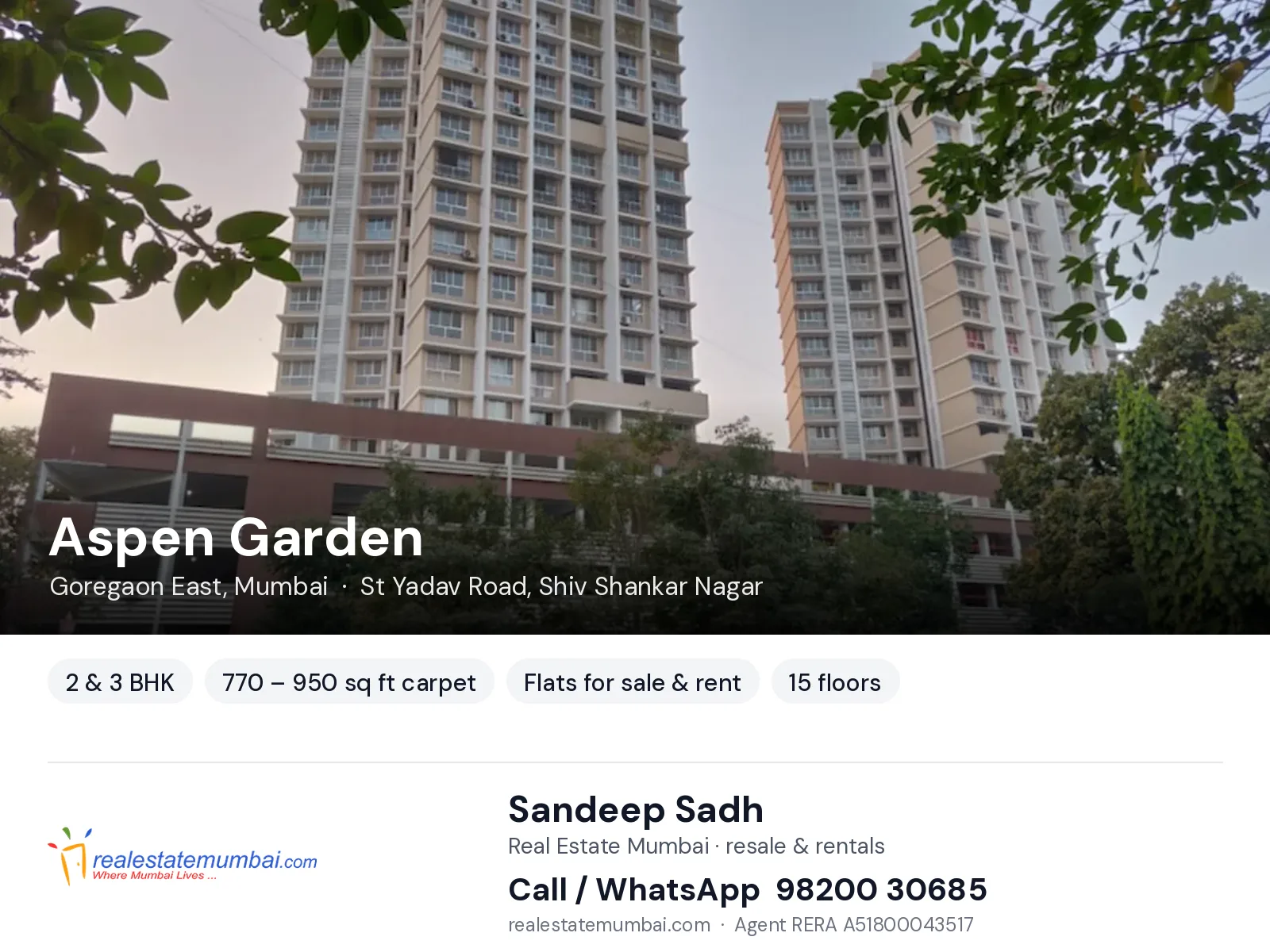 Aspen Garden, Goregaon East, Mumbai — 2 & 3 BHK flats for sale & rent | Real Estate Mumbai, Sandeep Sadh 98200 30685