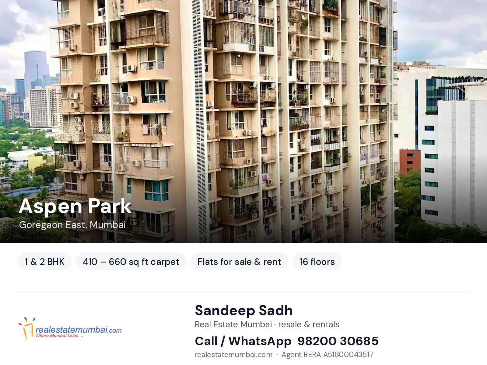 Aspen Park, Goregaon East, Mumbai — 1 & 2 BHK flats for sale & rent | Real Estate Mumbai, Sandeep Sadh 98200 30685