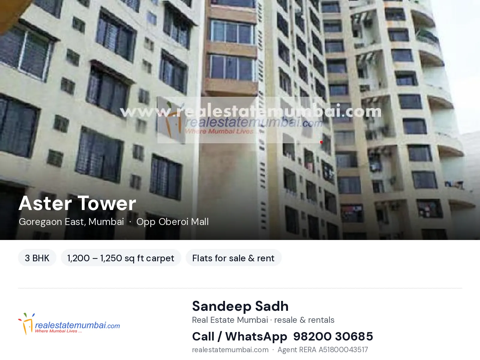 Aster Tower, Goregaon East, Mumbai — 3 BHK flats for sale & rent | Real Estate Mumbai, Sandeep Sadh 98200 30685