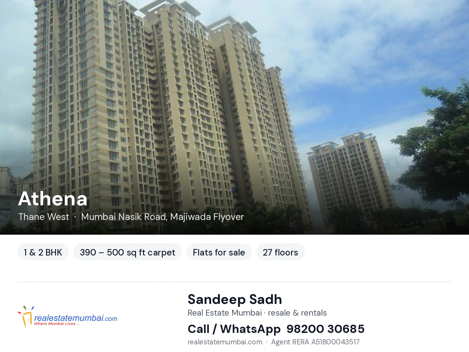 Athena, Thane West — 1 & 2 BHK flats for sale | Real Estate Mumbai, Sandeep Sadh 98200 30685