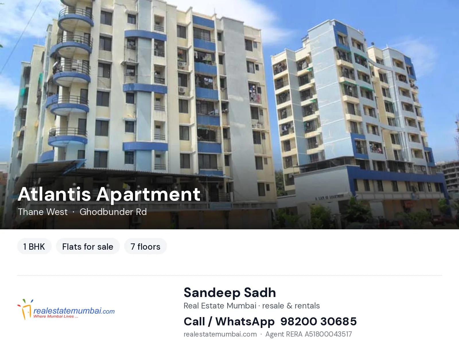 Atlantis Apartment, Thane West — 1 BHK flats for sale | Real Estate Mumbai, Sandeep Sadh 98200 30685